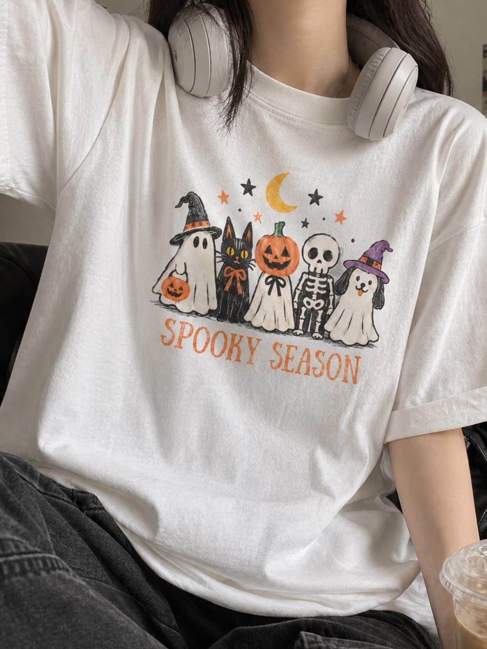 Spooky Season Halloween Ghost Cat Pumpkin Skeleton Fall Aesthetic Graphic Tee